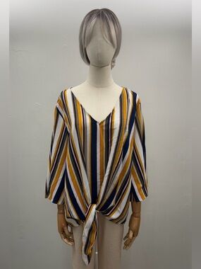 Misia Striped Tie-Front V-Neck Top in Mustard, Navy & White Size XXL